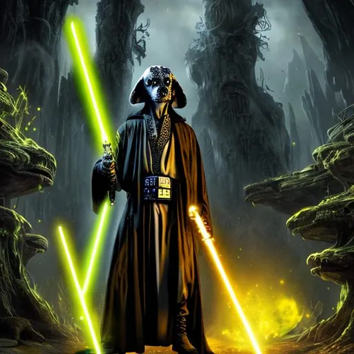 Prompt: a dalmatian jedi with black spots in a silver robe holding a yellow lightsaber, standing in an alien jungle temple, yellow smoky glow in the background