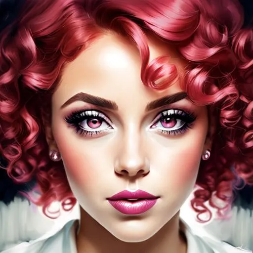 Prompt: woman with big  eyes and carmine lips, curly pink hair, lips, pink cheeks