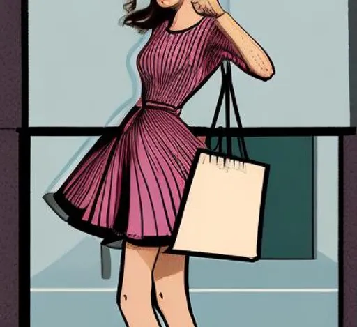 Prompt: illustration of a fashionable woman  wearing a pink dress and high heels, with shopping bags in her hands. 