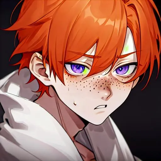 Prompt: Erikku male adult (short ginger hair, freckles, right eye blue left eye purple) UHD, 8K, Highly detailed, insane detail, best quality, high quality, tired