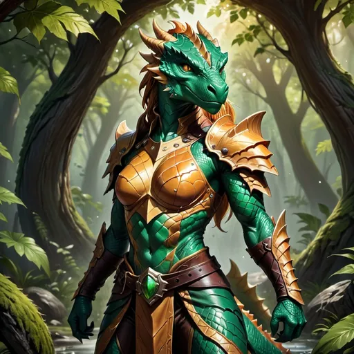 Prompt: Female dragonborn, slim adult fighter, powerful stance, vibrant scales reflecting shades of emerald and gold, fierce determined expression, armed with twin daggers, muscular yet elegant physique, the sun casting dynamic shadows, battle-ready, wearing leather armor fitted for agility, set in a mystical forest backdrop with ancient trees and ethereal light, ultra-detailed, HD.