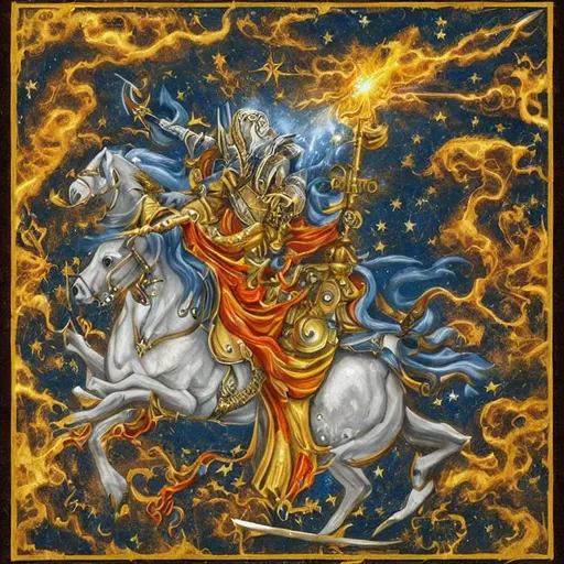 Prompt: celestial knight on mythical horse flying through the eternal cosmos shooting thunder with his sword