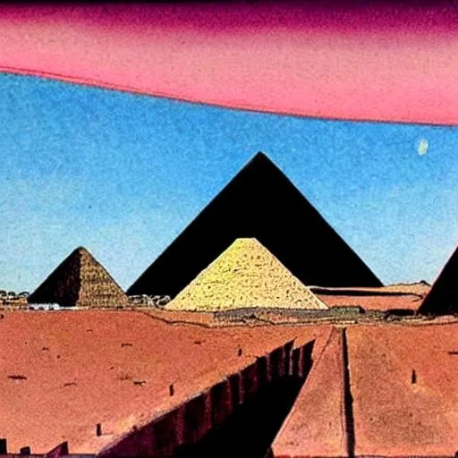 Prompt: Painting of Pink Floyd playing on top of a pyramid in Giza, style of Roger Dean