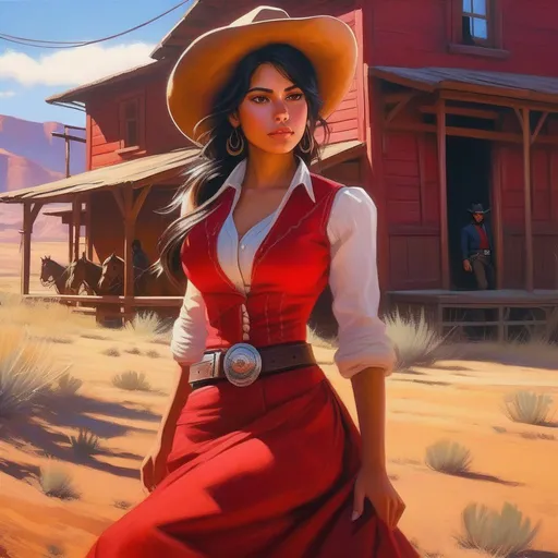 Prompt: Latina girl in Red Dead Redemption, anime, sunny atmosphere, extremely detailed painting by Greg Rutkowski and by Henry Justice Ford and by Steve Henderson