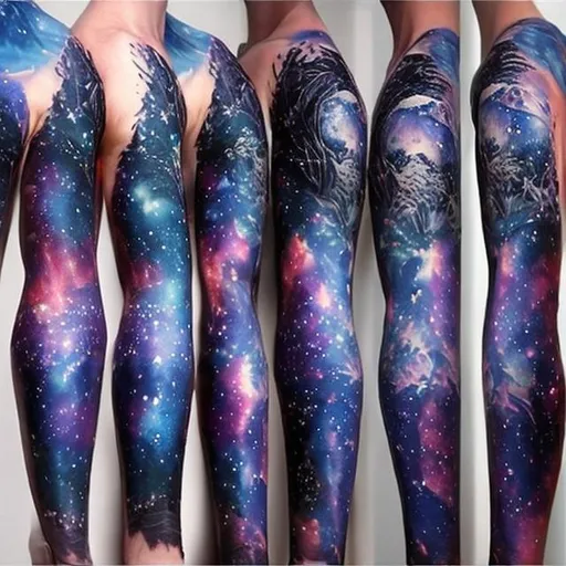 Prompt: space forest themed full sleeve arm tattoos