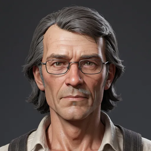 Prompt: hyper-realistic 60 year old human male, he is a farmer, He has brown close set eyes, He has ivory skin, he is short for a man, His skin is very sun burnt, he has blisters on his body, he is skinny and has an oval face, He wears glasses, He has black hair shoulder length hair that has some grey hairs in it, fantasy character art, illustration, dnd,