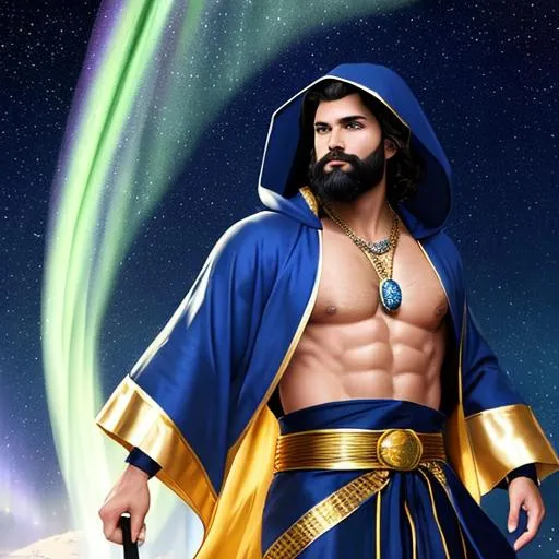 Prompt: A man wearing a blue and gold linen robe with a hood. With a golden belt around his waist. Blue eyes, short black hair, long bushy black beard, pale fair skin. With an aurora borealis and a blue moon in the blue starry night sky. posing, crossing his arms on his chest and crouching. highly detailed