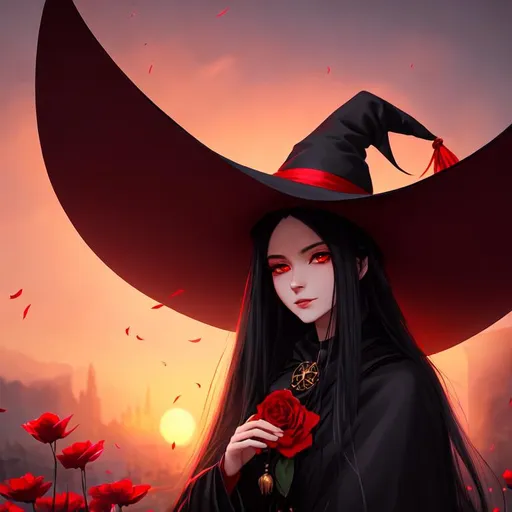 Prompt: 18 years, medium lenght silk black hair, red glowy eyes, witch hat, long black coat, sitting on a roof, happy,  red petals falling in the background, digital painting, sunset, vibrant atmosphere, artstation, smooth, concept art, ethereal, digital painting, artstation, concept art, smooth, concept art, happy, ethereal, royal vibe, highly detailed, detailed and intricate background, digital painting, Trending on artstation, Big Eyes, artgerm, highest quality stylized character concept masterpiece, award winning digital 3d oil painting art, hyper-realistic, intricate, 64k, UHD, HDR, image of a gorgeous, beautiful, dirty, highly detailed face, hyper-realistic facial features, perfect anatomy in perfect composition of professional, long shot, sharp focus photography, cinematic 3d volumetric