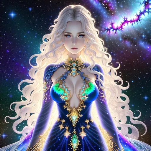 Prompt: mandelbrot fractal nebulas sky background, A hyper realistic full body mature woman,  beautiful detailed stunning face, wavy gold balayage hair, blue eyes, white green julia clusters newton rare silky fractal transparent lacy dress with ice details , fair smooth skin , ice intricate details, beautifully lit, highly detailed art, photorealistic, extreme depth of field, stunning imagery,hd 4k