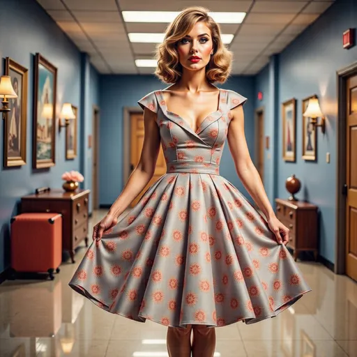 Prompt: a  stylish woman  from the 50'sin a dress is standing in a hallway with luggage behind her and a suitcase behind her,, Annabel Kidston, kitsch movement, fashion photography, a photorealistic painting