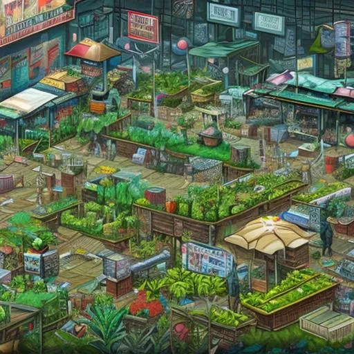 Prompt: cyberpunk market with gardens and plants all over