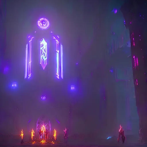 Prompt: Cyberpunk arcae temple at night with arcane mages worshiping