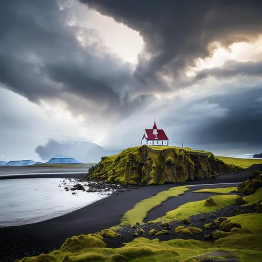 Prompt: landscape, iceland inlet, lone house, ocean life visible, stormy, 24mm lens, f/2.8, extreme wide shot, 5 stop, daytime background, bokeh, centered, horizontally symmetrical, soft lighting, dramatic lighting, rule of thirds, tonemapping, ultra high quality octane render, 4k, 3D Blender Render, hypermaximalist