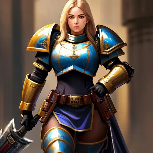 Prompt: Young female wearing heavy space marine armor, high facial detail, high body detail, full body, oil painting, holding a chainaxe