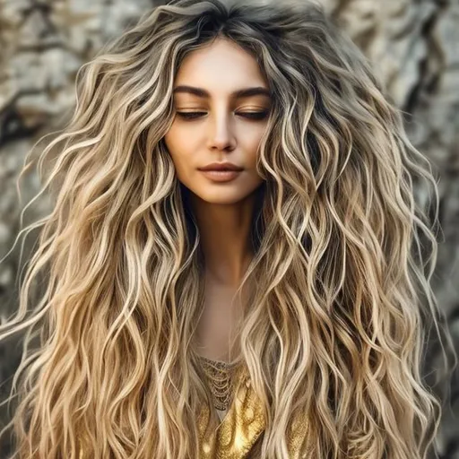 Prompt: Her cascading locks, the color of spun gold, tumble down in loose waves, catching the light with every movement. Each strand seems to have a life of its own, lending an enchanting allure to her overall appearance. Her hair gently caresses her shoulders, enhancing her feminine charm.
