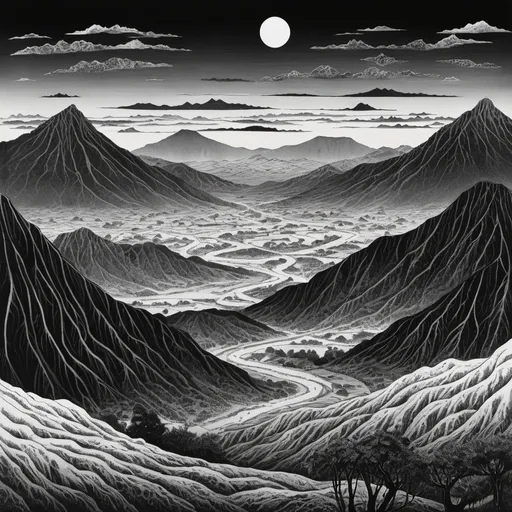 Prompt: Dark alien landscape, black and white, Junji Ito, mountains, nature, eerie