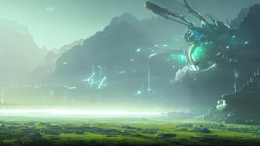 Prompt: fantasy concept art by greg rutkowski of a lush green and blue planet, with a blue grid circuitry, tron, gestural oil painting style, backlit, cinematographic morning light, artstation hq, 