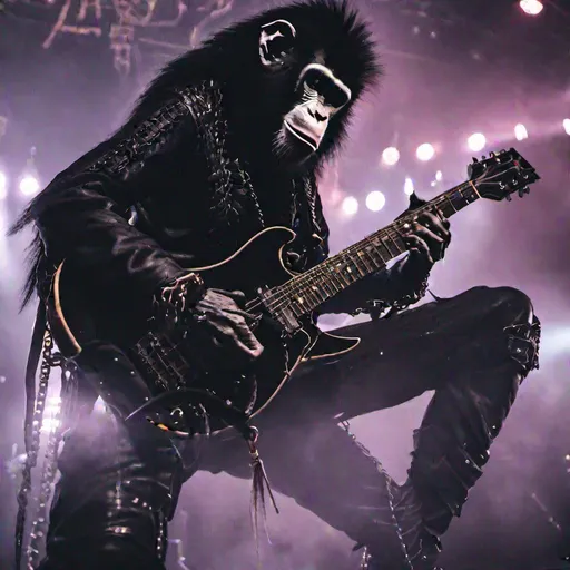 Prompt:  hyperealistic_ monkey guitar plauerplayer in goth metal band_wearing leather and chains_playing music on stage_cenematic long shot 4k_fire on stage