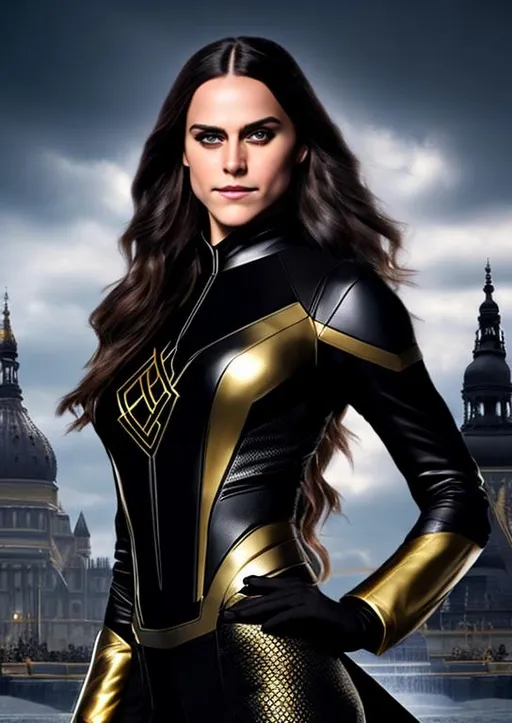 Prompt: High-resolution hyperrealistic photo of x-man shadowcat kate pryde merged with x-man magik ilyana rasputin, black and silver and gold costume, uhd, hdr, 64k