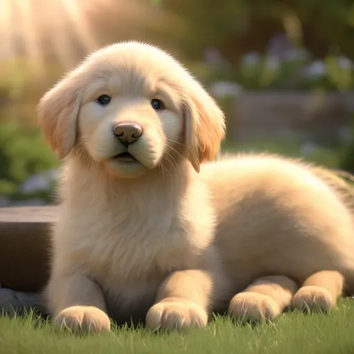 Prompt: Golden retriever puppy basking in the warm sunlight, realistic 3D rendering, soft fur with golden highlights, peaceful and serene atmosphere, high quality, realistic, warm lighting, detailed eyes, adorable, outdoor setting, sunny day, playful expression, realistic fur texture, peaceful ambiance, golden tones