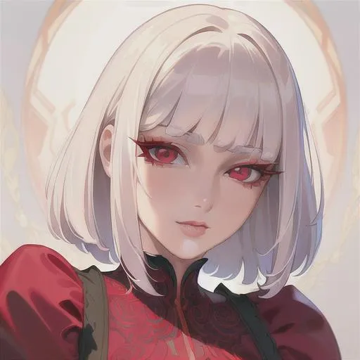 Prompt: (masterpiece, illustration, best quality:1.2), short pure white hair, red eyes, wearing red silky nightgown, best quality face, best quality, best quality skin, best quality eyes, best quality lips, ultra-detailed eyes, ultra-detailed hair, ultra-detailed, illustration, colorful, soft glow, 1 girl, happy expression