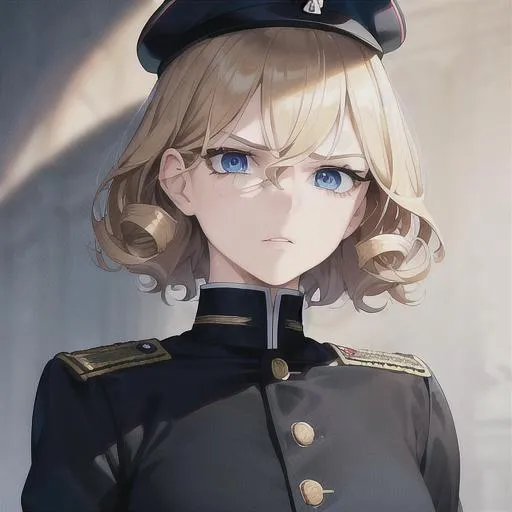 Prompt: (masterpiece, illustration, best quality:1.2), portrait, mad expression, mature look, death stare, eye bags under eyes, black eyelashes, very short curly blonde hair, blue eyes, all black German soldier uniform, best quality face, best quality, best quality skin, best quality eyes, best quality lips, ultra-detailed eyes, ultra-detailed hair, ultra-detailed, illustration, colorful, soft glow, 1 girl