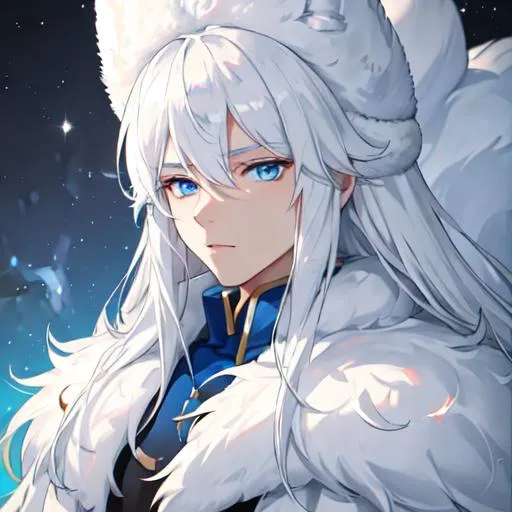 Prompt: Russia as a male human, 8k, UHD,  highly detailed, white hair, blue eyes, wearing a fluffy giant jacket and a ushanka