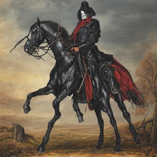 Prompt: headless horseman, painting, realistic, 80s, creepy