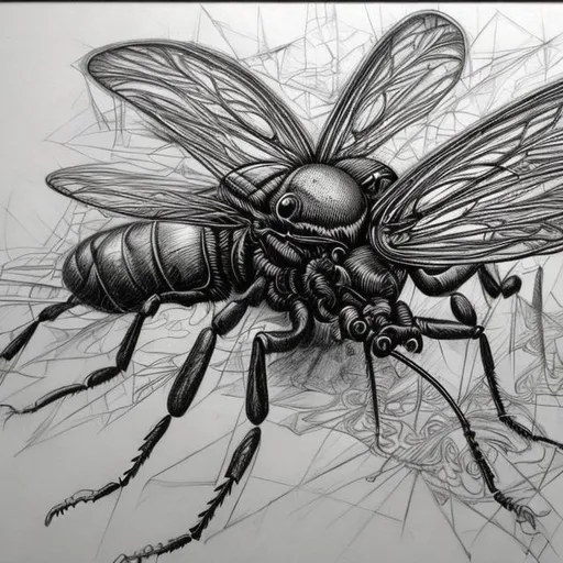 Prompt: pencil drawing of an insect, abstract, surrealism, hyper detail, Sketch red art 
