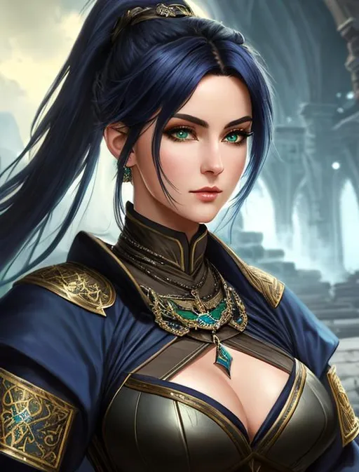 Prompt: oil painting, fantasy,  UHD, hd , 8k, , hyper realism, Very detailed, zoomed out view of character, panned out view, full character visible,  dark elf female artist, she has straight dark blue hair in a ponytail, she has green eyes, she is wearing medieval attire