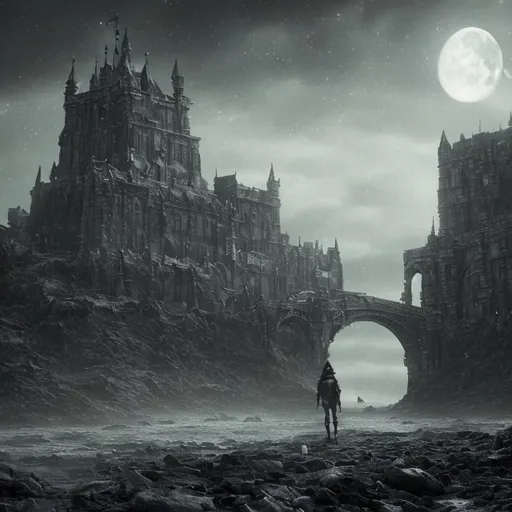 Prompt: goth,deep,dark,creature,lurking,ultra realistic,lost soul,elden ring,landscape,moon,castle,bridge