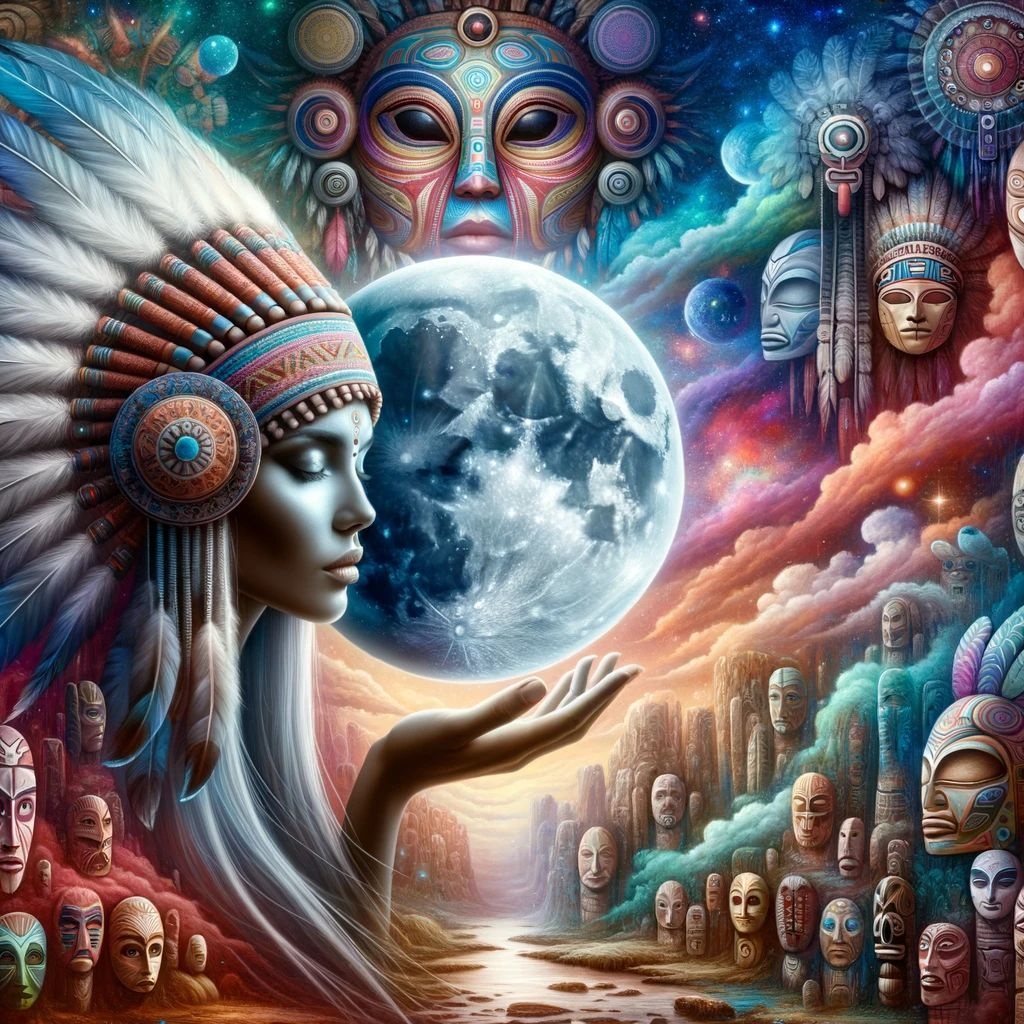 Prompt: Artistic render of a serene Indian woman wearing a complex headdress, with the full moon casting a gentle glow over her, set in a vivid landscape filled with totems, masks, and a vibrant, muralist-inspired sky.