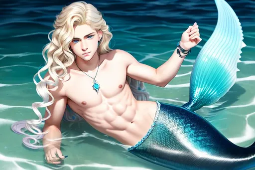 Prompt: (((full body view)))Mermaid teenage boy, Piercing, Ice-blue eyes, a sharp jawline. His hair was blond, long and wavy in the back with shorter, more uniformed curls in the front. He had a youthful face with slightly feminine features. He looked a lot like something from a storybook, like or a renaissance painting. Little, sharp, white fangs poked out between his shiny lips as he smiled. After the dorsal fin, scales gave way to smooth, pale skin. Rippling muscle, long, wavy, blonde hair, gills along his ribcage. A man. Or, half of one, really. He was strikingly beautiful.