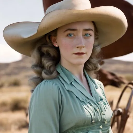 Prompt: Saoirse Ronan as an 1950s era Hollywood actor dressed a cowgirl for a Western.