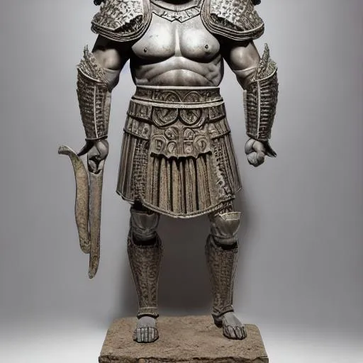 Prompt: Colossus Rex stands tall, resembling a towering, muscular figure reminiscent of a Roman gladiator. Its massive body is adorned with intricately carved armor, resembling the iconic Roman legionnaire's armor. The armor is etched with intricate Roman symbols and motifs, paying homage to the empire's rich history and culture.

The creature's head is adorned with a menacing helmet, featuring a ferocious visage with glowing eyes that emit an ominous red glow. Sharp, fang-like protrusions extend from its jaws, adding to its fearsome appearance. Its limbs are sturdy and powerful, enabling it to deliver devastating blows and trample anything in its path.

Colossus Rex's skin is a combination of rugged, weathered textures, resembling ancient Roman marble and granite. It bears cracks and fissures, symbolizing the passage of time and the endurance of the Roman civilization. The creature's color palette is dominated by deep crimson and bronze hues, reminiscent of the empire's iconic architecture and the rich materials used in Roman art and sculptures.

As Colossus Rex moves, the ground shakes under its colossal weight, leaving behind a trail of destruction and upheaval. It is known to lay waste to cities and landscapes, mirroring the conquests and territorial expansions of the Roman Empire.

Colossus Rex possesses devastating elemental abilities, such as hurling fireballs akin to volcanic eruptions and unleashing shockwaves that can shatter structures. These abilities reflect the destructive power and relentless force of the Roman military machine.

Encountering Colossus Rex is a harrowing experience, inspiring both awe and fear. Its presence invokes the grandeur and dominance of the Roman Empire, reminding onlookers of the empire's legacy and the indomitable spirit of its warriors.
