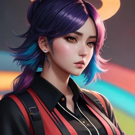Prompt: illustration art, front, modern fashion, epic Instagram, artstation, hyperdetailed, unreal engine, modern anime anime style, complementary colors, 8k, deviantart masterpiece, oil painting, heavy strokes, young monkey woman, vibrant color hair, collared shirt, tight sleeve shirt