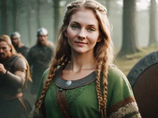 Prompt: 4k:1.2, highly detailed viking portrait of a woman with green eyes and a calm, focused expression:1.5, detailed facial features:1.3, fair skin:1.2, light hair styled in soft waves framing her face, warrior, intelligence, warmness