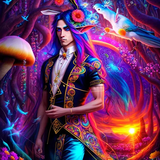 Prompt: psychedelic, twisted, cinematic, 3D, HD, {male}Rabbit as Magician, Beautiful big reflective eyes, long flowing hair, flowers, mushrooms, birds, expansive psychedelic background, sunset, hyper realistic, 8K --s98500