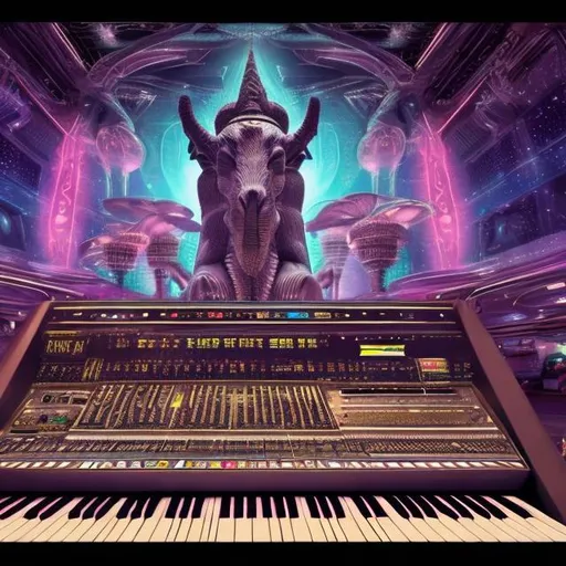 Prompt: Assyrian Lamassu playing mellotron in an alien mall, widescreen, infinity vanishing point, galaxy background, surprise easter egg