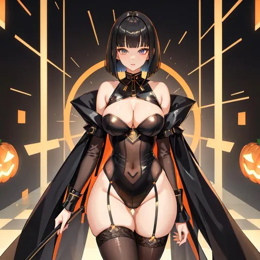 Prompt: a lonely AI girl, very tall, thick thighs, wide hips, long legs, slender waist, big beautiful symmetrical eyes, aloof expression, bob haircut with bangs, (wearing a Halloween costume), (going Trick-or-Treating), 12K resolution, hyper quality, hyper-detailed, depth of field