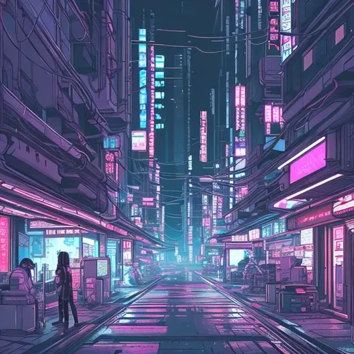 Prompt: Cyberpunk style japanese futuristic street , easy to draw with red and purple lights