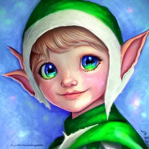 Prompt: very beautiful elf child princess, smiling, perfect blue eyes , eye contact, perfect face, perfect body, drawn by artgermdigital painted ,crisp quality