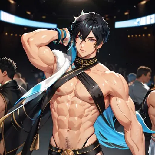 Prompt: Male (black hair in the front blue hair in the back) (brown eyes) buff, muscular