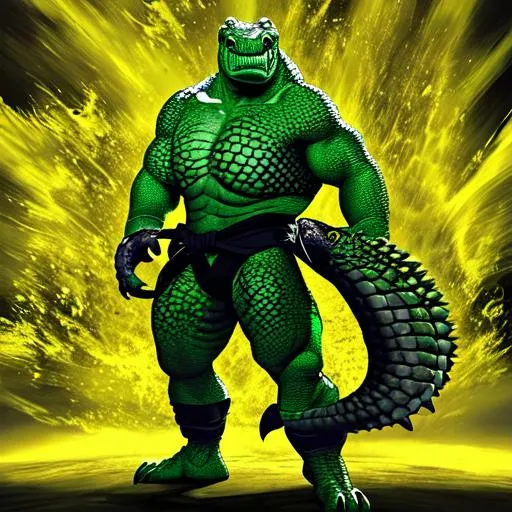Prompt: reptilian crocodile brock lesnar green saltwater scaled skinned yellow eyes with matching tail full body portrait standing pose for fighting wearing mma gloves