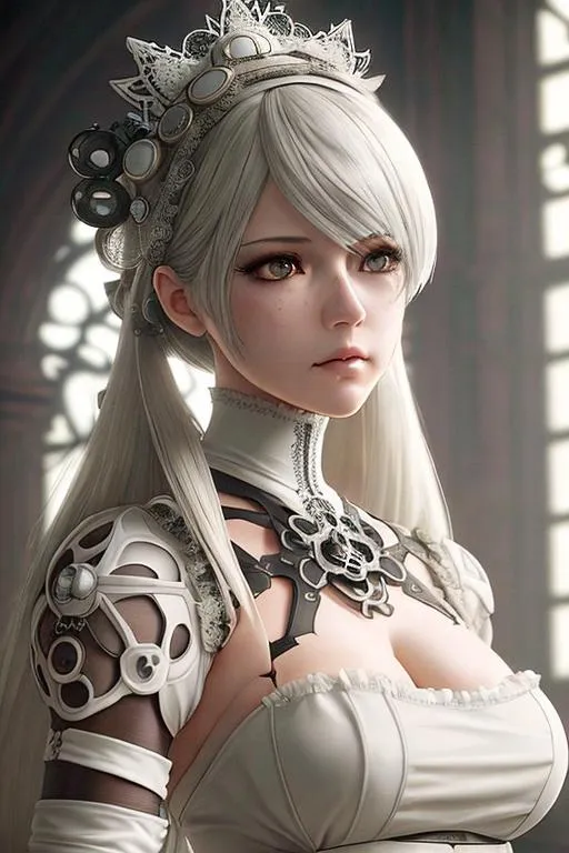 Prompt: ((best quality)), ((masterpiece)), ((realistic)), hd octane render, intricate hyperdetailed best quality 2B from nier automata,beautiful face, cinematic shot, long hair, upper body, centered, 80mm lens, perfect angle, dynamic pose, hyperdetailed ,nier automata interior, white, gothic steampunk wear ,hyperdetailed, hyperdetailed face, gloss lips, (detailed beautiful red eyes, detailed mouth and lip, detailed face, expressive), cinematic lighting, volumetric lighting, studio lighting, neon light, global illumination, reflection, neon reflection, soft shadow,depth of field:0. 4, blur, bloom:0. 2), contrast, vivid color, (Detailed, ultra detailed, finest detail, intricate),