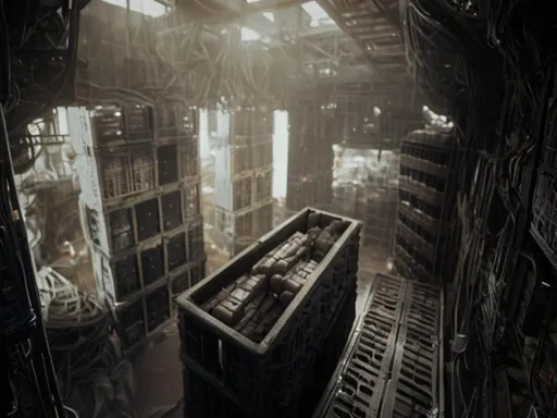 Prompt: Stacked Crago crates in  submarine hallway