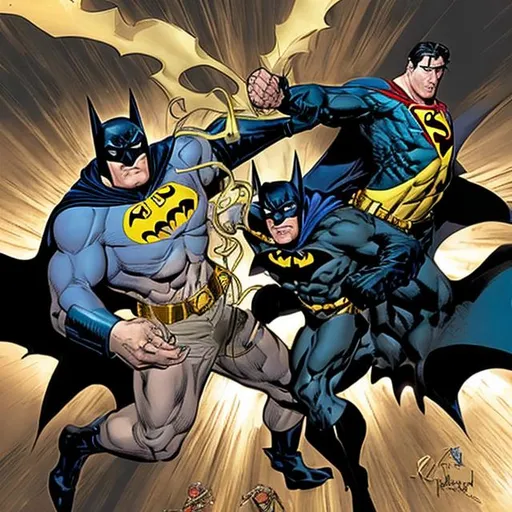 Prompt: gold plated batman fighting bizarro superman
