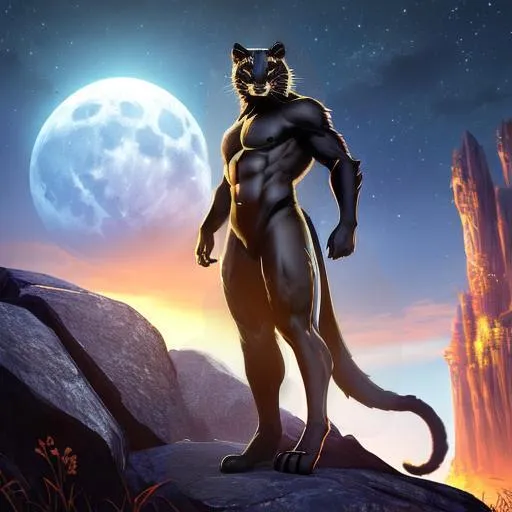 Prompt: Full-body detailed masterpiece, fantasy, high-res, quality upscaled image, perfect composition, subject of this image is a hot male bipedal panther, black fur, busty body, 18k composition, 16k, 2D image, cell shaded, thin torso, blue moonlight background, using a panther as the base body, panther head, black Panther, long tail, 4 limbs, spread legs, digitigrade feet, black furred torso, furry