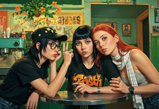 Prompt: This is a digital illustration in a vibrant, semi-realistic style. The image features three age18 young women with striking, exaggerated facial expressions of hyper-caffeinated excitement, each in a unique and distinct styles, seated closely together at a retro themed diner counter.
The woman on the left has pale skin, black hair with bangs, and wears a black cap decorated with yellow star-shapes, glasses, and multiple rings. She is pointing at the woman in the center leaning close, her gaze sidelong at the viewer with wide eyes.

The central woman, also pale-skinned with black hair and bangs, wears a black T-shirt with a graffiti tag emblazoned in orange letters and has her lips puckered in a surprised expression as she brings the heads of the other two women closer to her.

The woman on the right has light skin, long red hair, and wears a white striped scarf. Her mouth is open in a wide, surprised expression, and she has multiple piercings, including a nose ring. The background is colorful and busy, with a coffee machine on the left, green walls, and a floral arrangement in the top left corner. The overall color palette is bright and saturated, with a focus on greens, yellows, and blacks. The image has a slightly nostalgic, 1980s feel, enhanced by the characters' fashion and the café's retro decor.