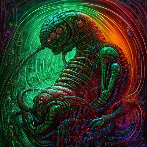 Prompt:  fantasy art style, painting, giving birth, pain, long neck, woman, bloated belly, pregnant belly, evil, demon, Satan, woman giving birth, machine, medical machine, ultrasound, MRI machine, robotic, green, green lights, green neon lights, lightning, colourful, murky, H. R. Giger, biological mechanical, pipes, evil robot, egg, queen, queen ant, snakes, serpents, eels, tentacles, jellyfish, giant robot, robot, machine, pregnant robot, war machine, inseminate, insemination, pregnancy, pregnant, mother, mother with pregnant belly, pregnant woman, futuristic, dystopian, alien, aliens,  insemination, egg laying, spawn, egg chamber, uterus, womb, placenta, procreation, breeding, brood, clutch of eggs, reproductive organs, giving birth, female, sperm, zygote, embryo, blood, veins, organs, shaft, pump, hammer, 
Apocalypse, birth canal, cervix, glands, birth, cesarean, operation, surgery, tree roots, roots, twigs, sticks, branches, tree, milk, bleeding, hole, sacral vertebrae, spine, vertebrae, brain, skull, pelvis, bone, bones, giant monster, helmet, beetle, wasp, fly, dragon fly, moth, spider, slug, snail molluscs, shell, egg yolk